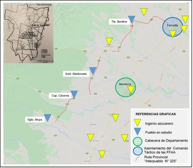 Imagen satelital intervenida: mapa de la región sudoeste de la Provincia de Tucumán. Se señalan sitios, localidades y diversos elementos referidos en el texto